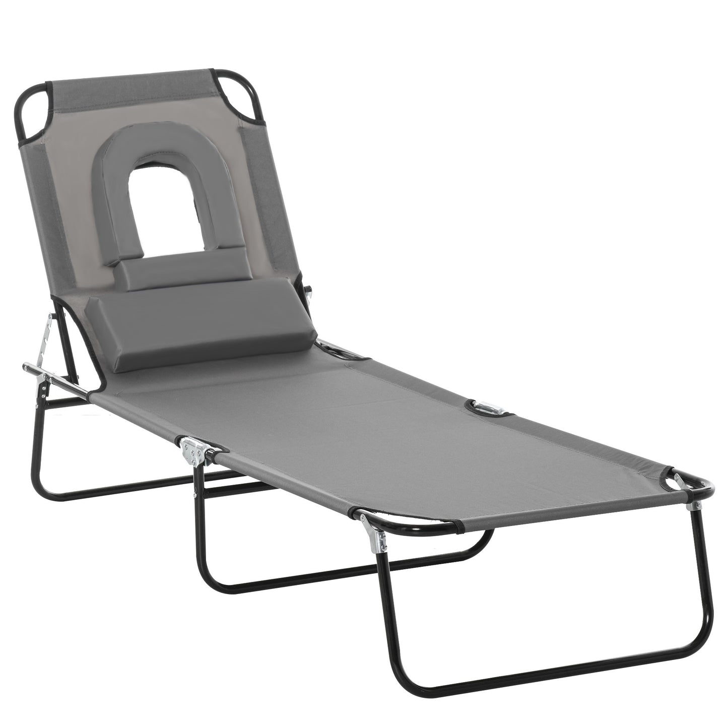 Adjustable Outdoor Lounge Chair, Garden Folding Chaise Lounge with Face Hole Reclining Tanning Chair Seat, Folding Campi