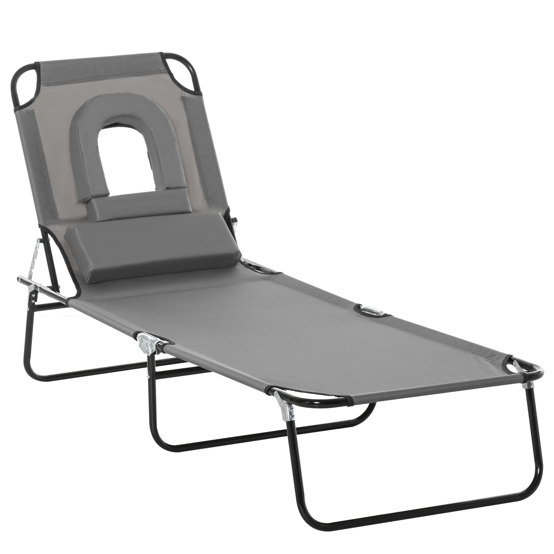 Adjustable Outdoor Lounge Chair, Garden Folding Chaise Lounge with Face Hole Reclining Tanning Chair Seat, Folding Campi