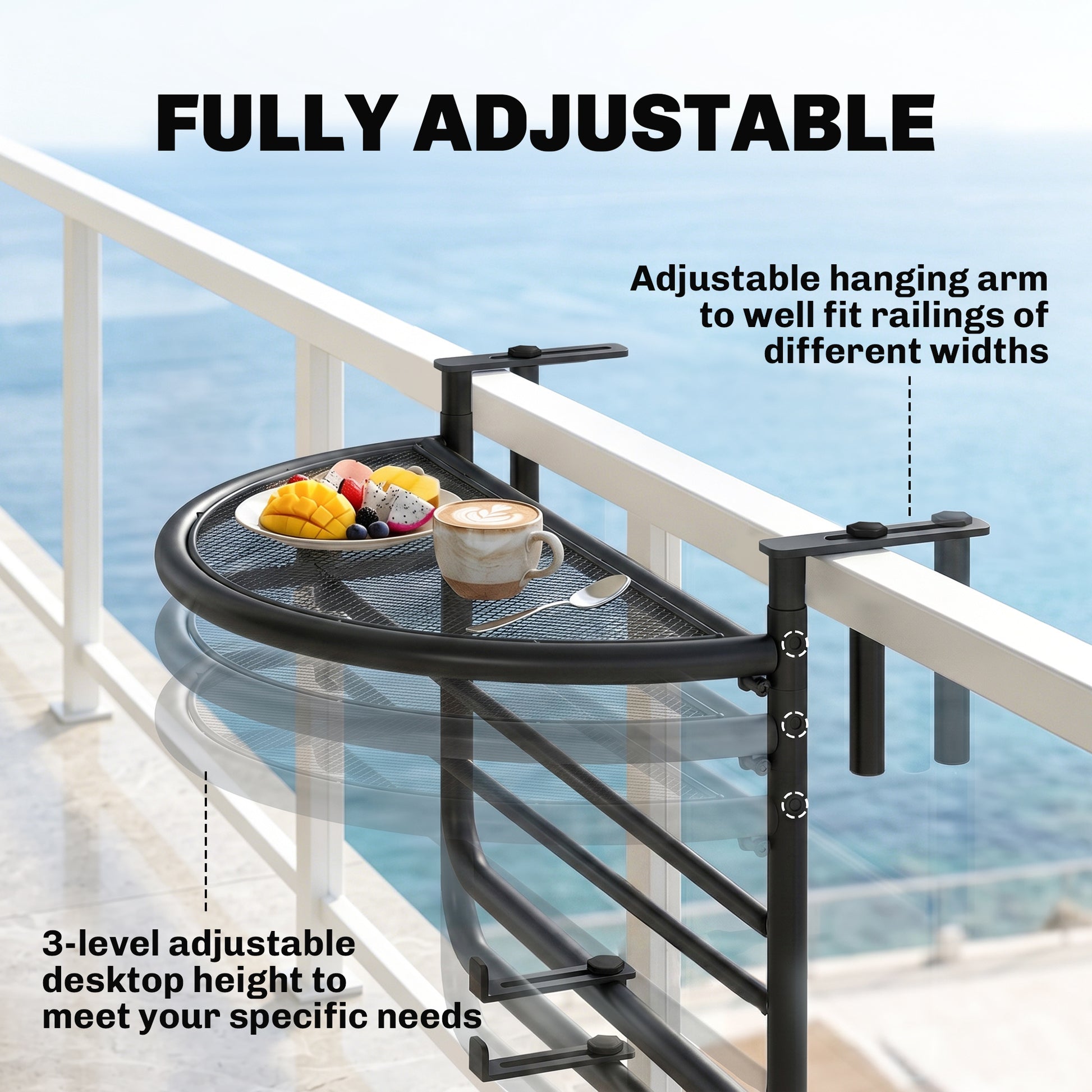Adjustable Balcony Hanging Rail Table Metal Mounting Mini Wall Desk Storage Rack Outdoor Flower Stand, Black