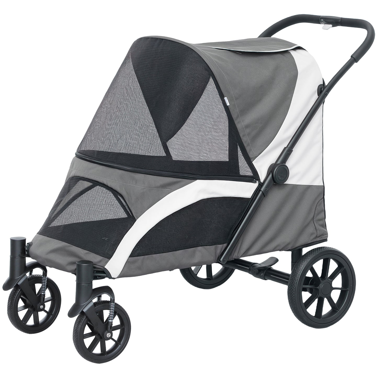 Foldable Pet Stroller for Medium Dogs with Four Big Wheels, Shock-Absorbing Frame, Safety Leashes, Brakes, Dark Grey