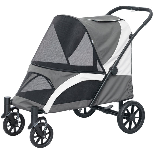 Foldable Pet Stroller for Medium Dogs with Four Big Wheels, Shock-Absorbing Frame, Safety Leashes, Brakes, Dark Grey