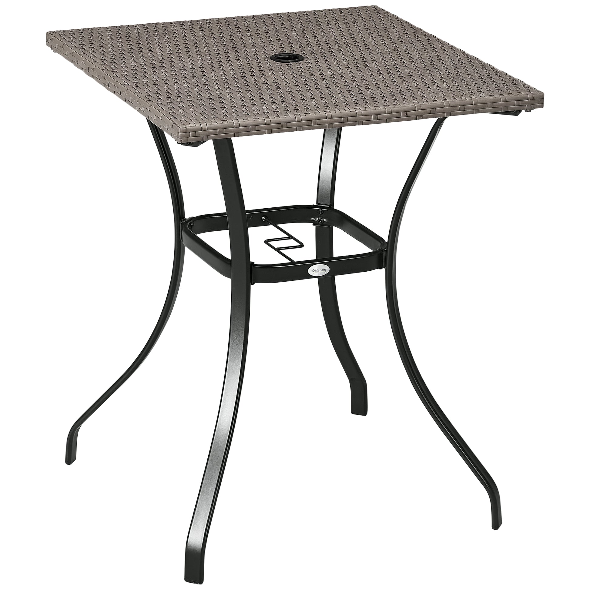 Patio Wicker Dining Table with Umbrella Hole, 34 Inch Outdoor PE Rattan Coffee Table with Plastic Board Under the Woven 