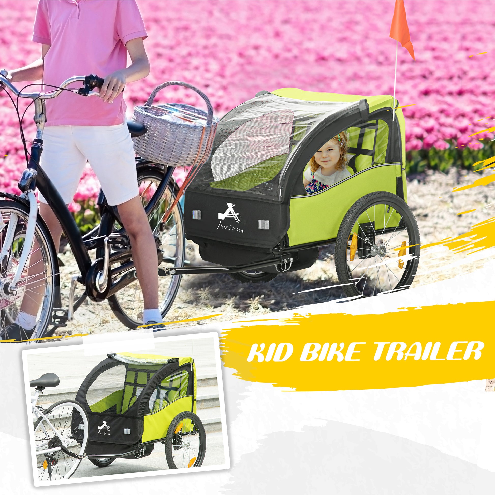 VarietyKart 2 Seat Bike Trailer for Kids, Baby Stroller with Storage Bag, 5 Point Harness, Bicycle Trailer with 20" Whee