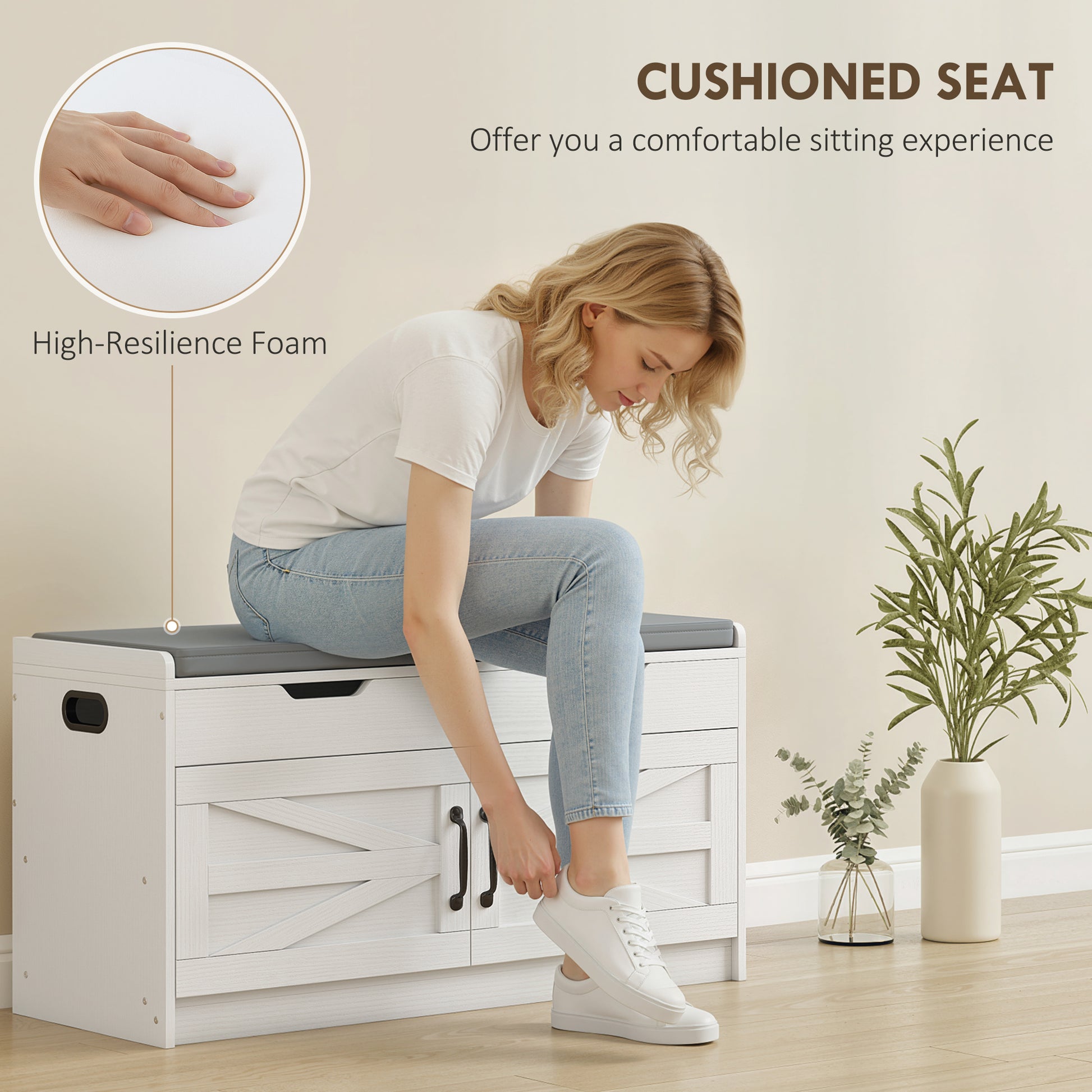 Shoe Storage Bench, Entryway Bench with 2-Tier Cabinet, Flip-Top Storage, Padded Cushion for Hallway, White