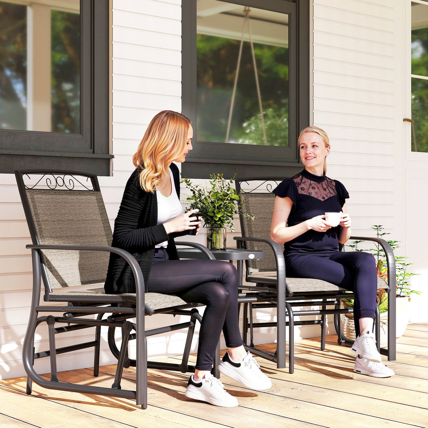 Outdoor Glider Bench with Coffee Table, Patio 2-Seat Rocking Chair Swing Loveseat with Breathable Sling for Backyard Gar