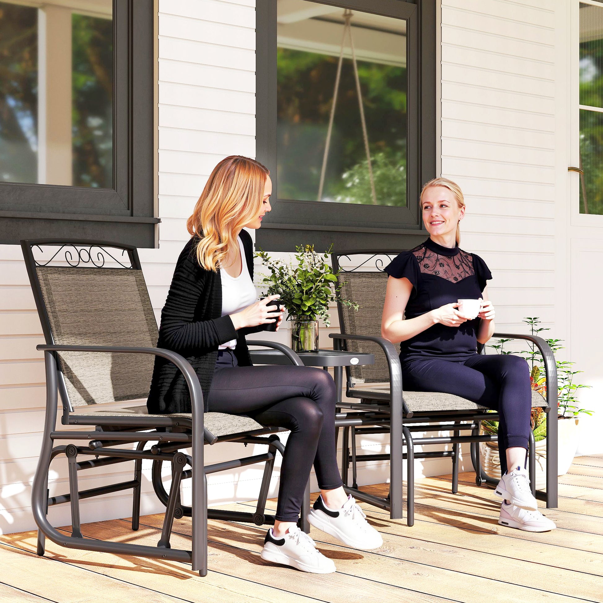 Outdoor Glider Bench with Coffee Table, Patio 2-Seat Rocking Chair Swing Loveseat with Breathable Sling for Backyard Gar