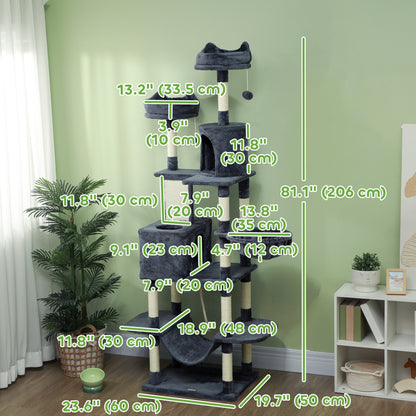 81" Large Cat Tree w/ Scratching Posts, Condos, Beds, Hammocks, Jumping Platforms, Toy Balls, Rope Cat Toy, Dark Grey