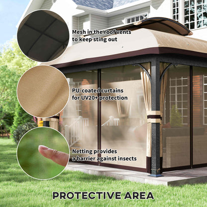 11' x 13' Patio Gazebo, Double Roof Outdoor Gazebo Canopy with Netting & Curtains, Galvanized Metal Frame, Khaki