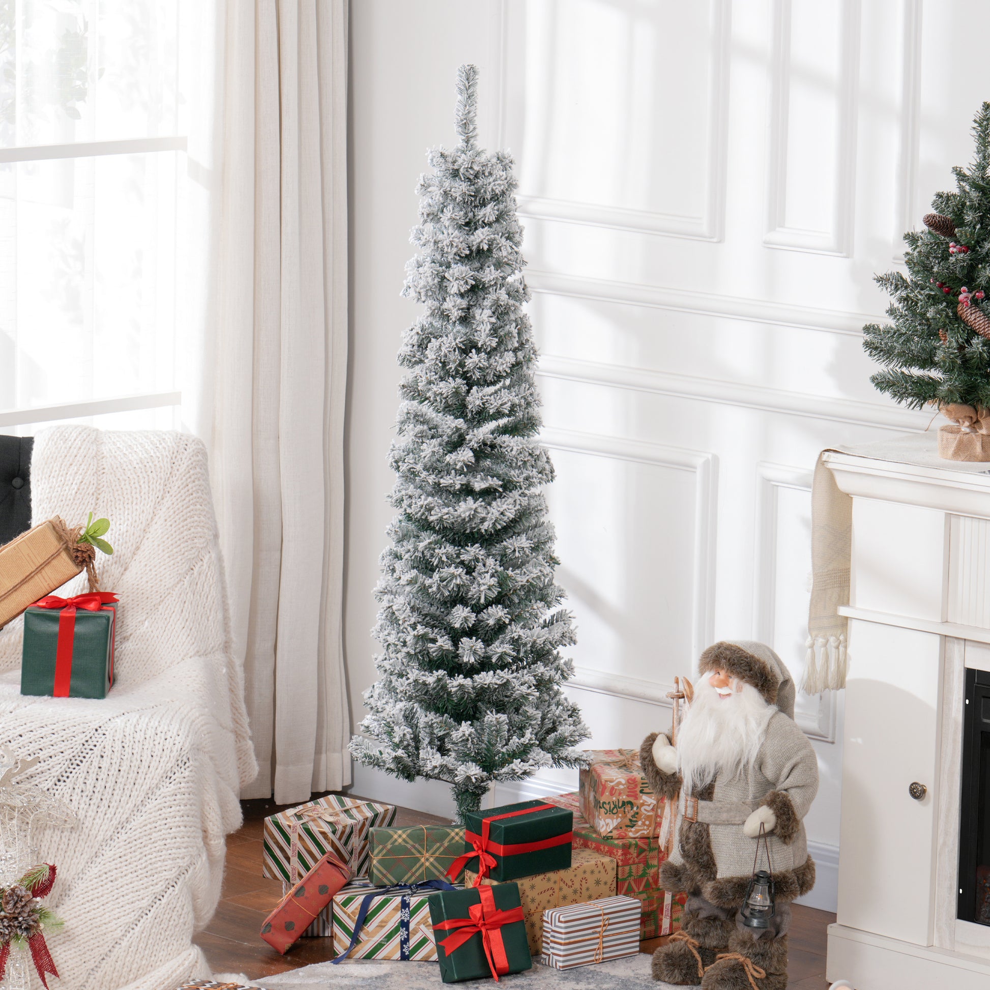 5ft Flocked Christmas Tree, Pencil Christmas Tree with Realistic Branch Tips, Folding Metal Stand, Green