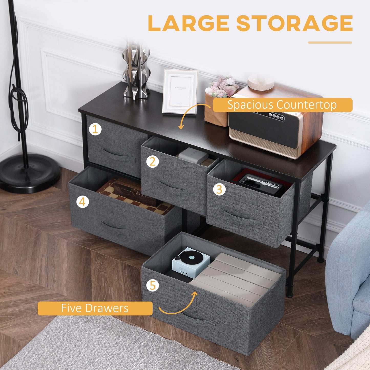 Linen Drawer Cabinet Organizer Storage Dresser Tower with 5 Removable Drawer Metal Frame Adjustable Feet for Living Room