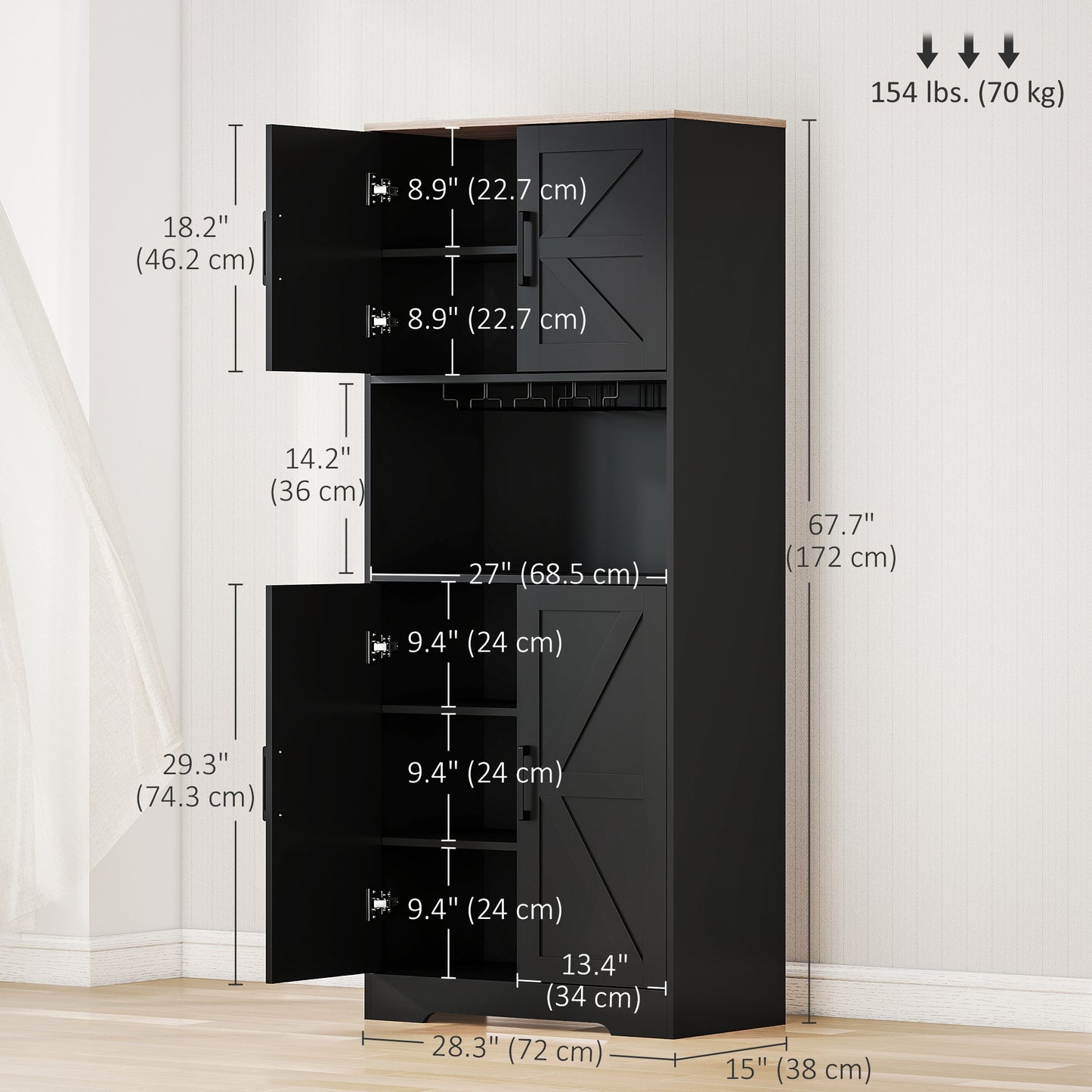 Farmhouse Kitchen Pantry, 68" Freestanding Hutch Storage Cabinet with Microwave Oven Countertop, Black