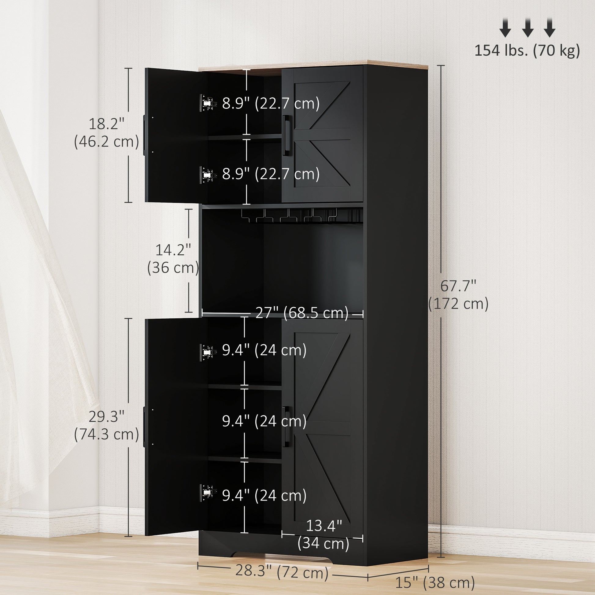 Farmhouse Kitchen Pantry, 68" Freestanding Hutch Storage Cabinet with Microwave Oven Countertop, Black