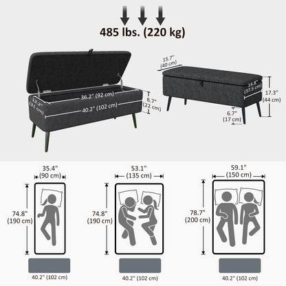 40" Ottoman with Storage, Linen Upholstered Storage Ottoman Bench with Steel Legs for Living Room, Bedroom Black