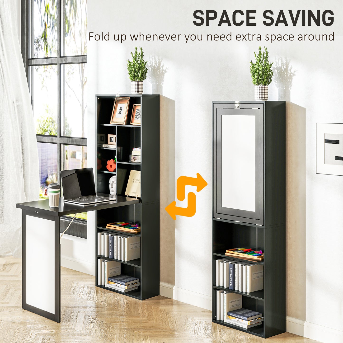 Fold-out Convertible Office Desk, Wall Mount Computer Desk with Whiteboard and Side Shelf, Black