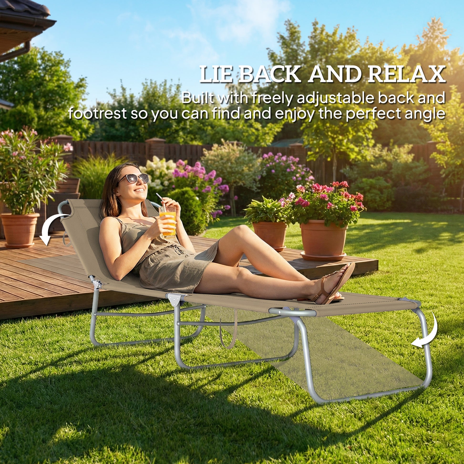 Folding Outdoor Lounge Chair Reclining Tanning Chair with Breathable Mesh Fabric for Patio Garden Pool, Brown
