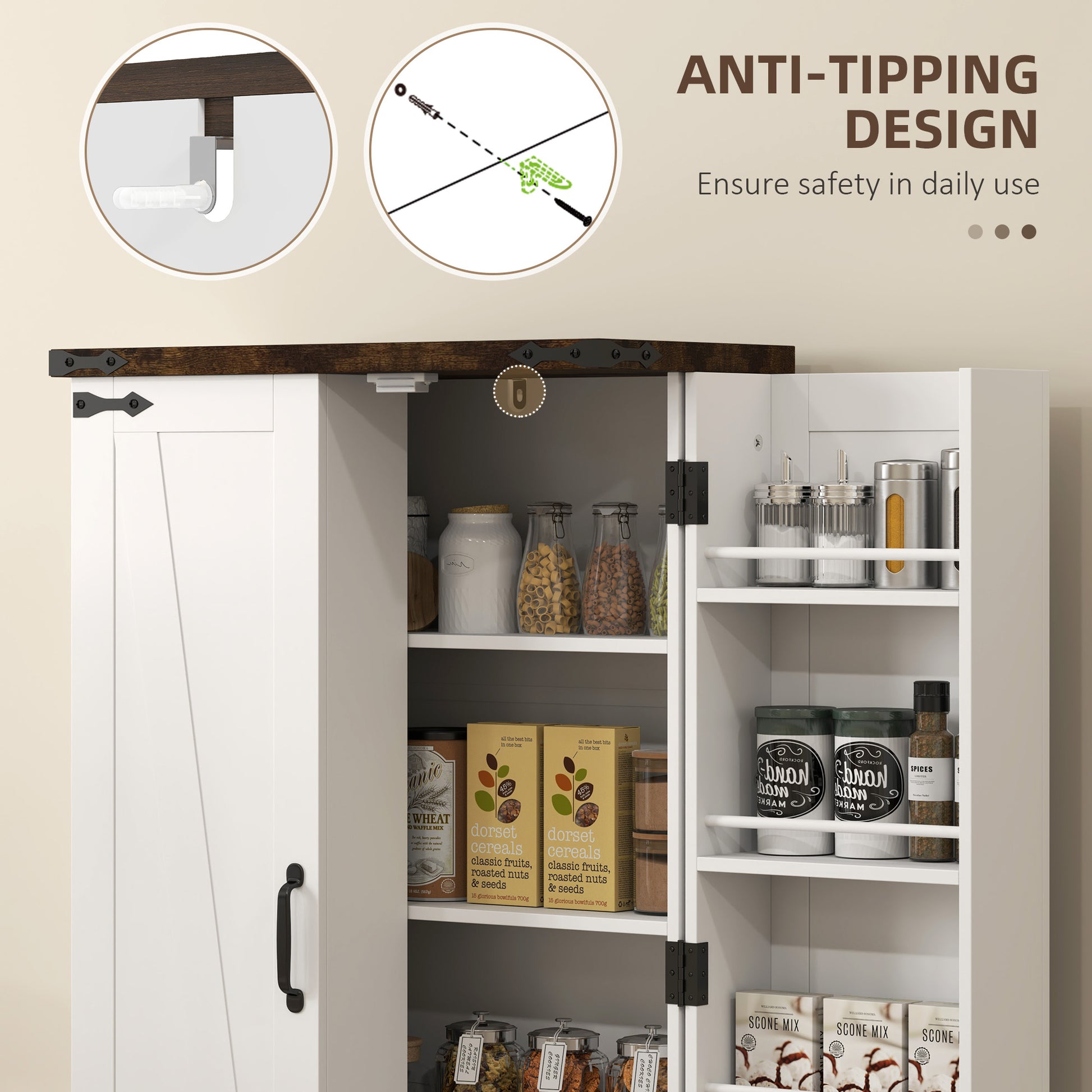 Kitchen Pantry Cabinet with 4-tier Shelving, 6 Spice Racks, Farmhouse Storage Cabinet with Adjustable Shelves, Easy Clea