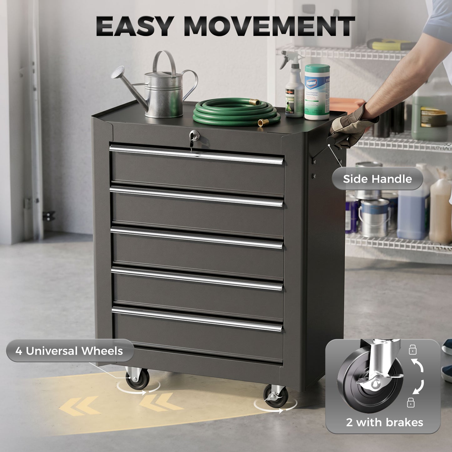 Rolling Tool Chest, 5-Drawer Lockable Tool Cabinet with 4 Wheels, Handle, Toolbox Storage Organizer for Garage, Workshop