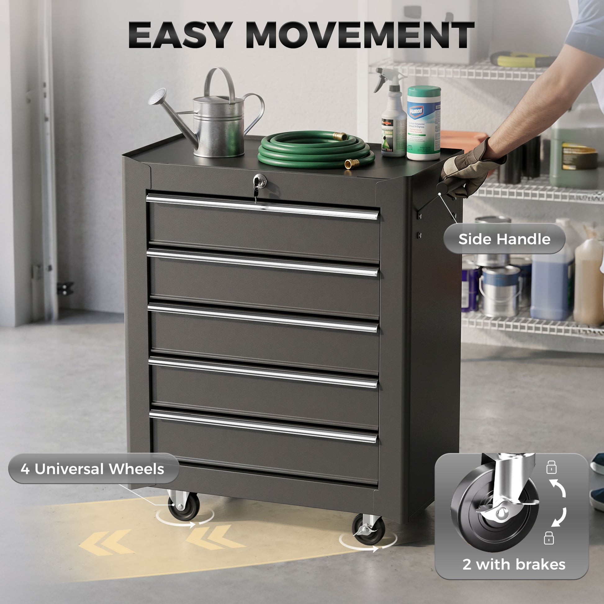 Rolling Tool Chest, 5-Drawer Lockable Tool Cabinet with 4 Wheels, Handle, Toolbox Storage Organizer for Garage, Workshop