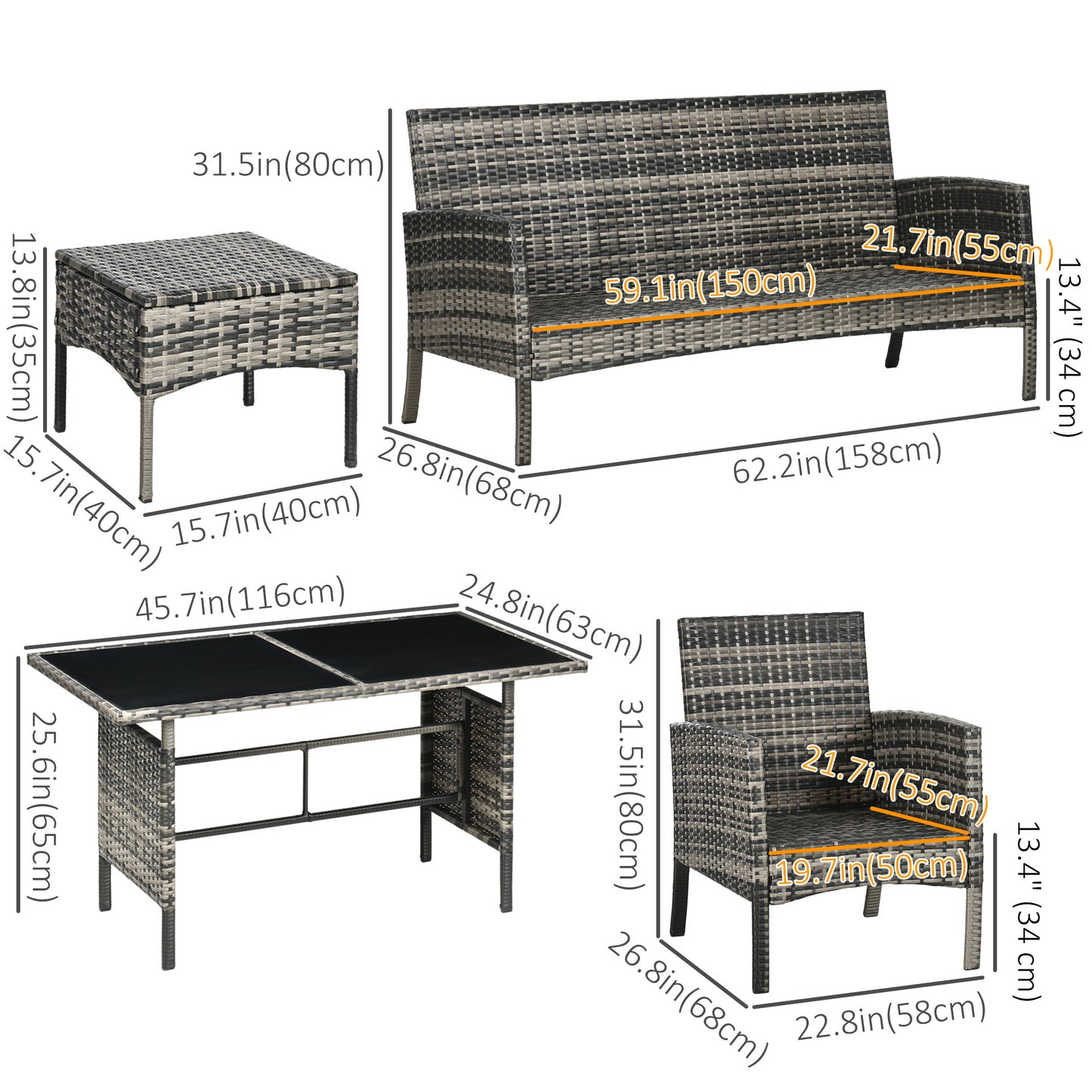 6-Piece Outdoor Patio Furniture Set with Chairs, Ottomans, Sofa, Glass Top Coffee Table and Cushions, Wicker Rattan Conv