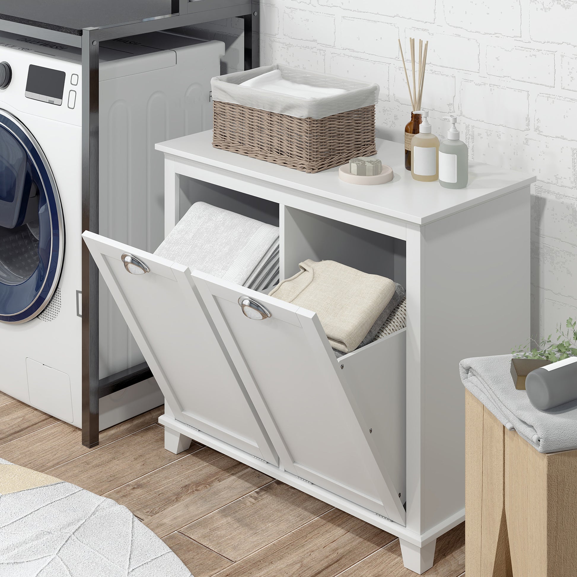 Tilt-Out Laundry Storage Cabinet, Bathroom Storage Organizer with Two-Compartment Tilt Out Hamper, White