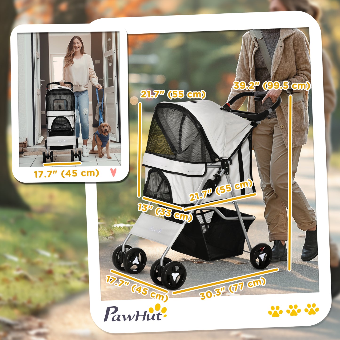 Cat Dog Stroller, One-click Foldable Pet Stroller w/Cup Holder, 4 Wheels Travel Carrier w/Brakes, 360° Swiveling Front W