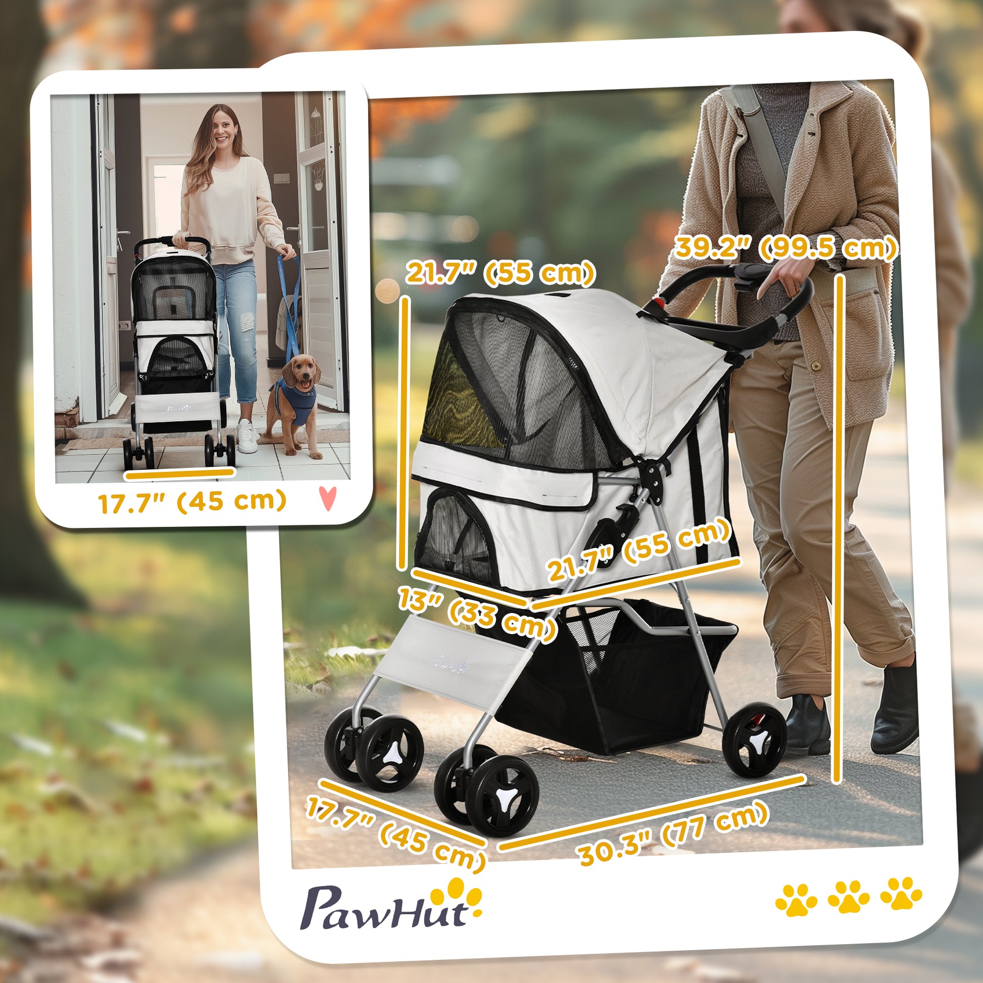 Cat Dog Stroller, One-click Foldable Pet Stroller w/Cup Holder, 4 Wheels Travel Carrier w/Brakes, 360° Swiveling Front W