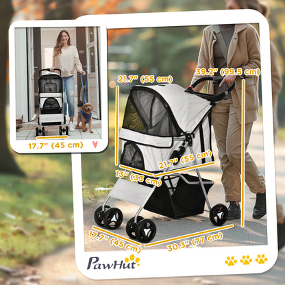 Cat Dog Stroller, One-click Foldable Pet Stroller w/Cup Holder, 4 Wheels Travel Carrier w/Brakes, 360° Swiveling Front W