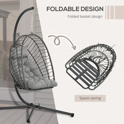 Hanging Egg Chair with Stand, Foldable Wicker Rattan Swing Chair with Thick Cushion, Light Grey