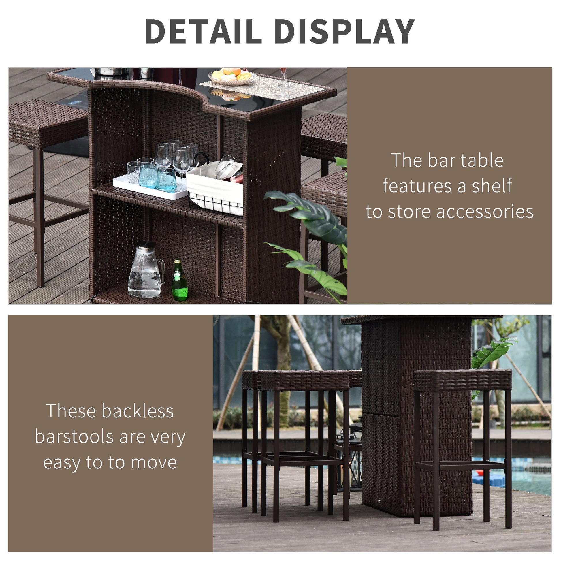 5 Pieces Patio Bar Set, Outdoor PE Rattan Wicker High Top Outdoor Table and Chairs Outdoor Bar Set with Tempered Glass T