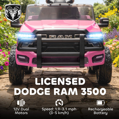 Qaba 12V Ride on Car, Licensed Dodge RAM 3500 Electric Vehicle with Remote Control, Suspension for 3-5 Years, Pink