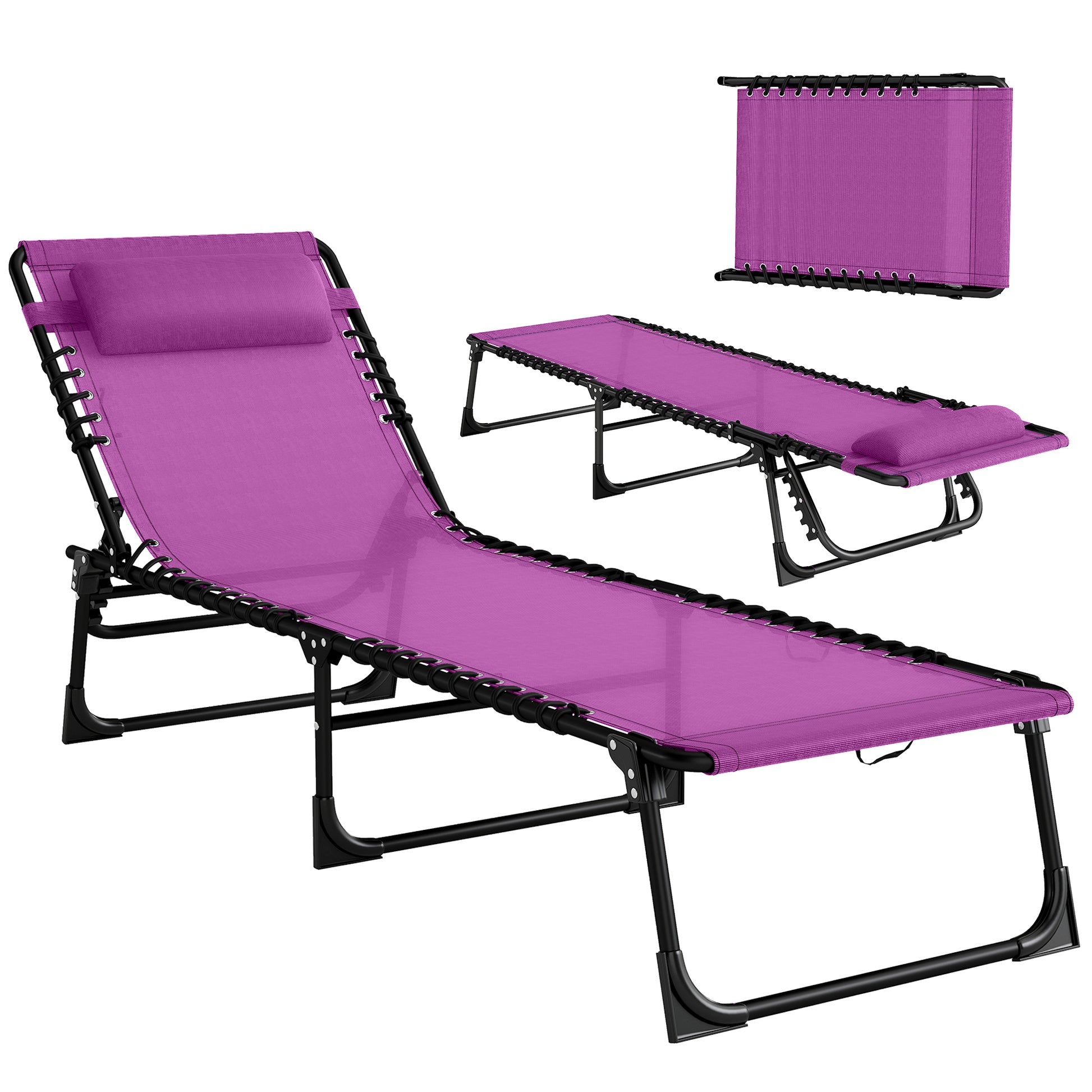 Outdoor Folding Lounge Chair, 4-Level Adjustable Chaise Lounge with Headrest, Tanning Chair Beach Bed, Reclining Lounger