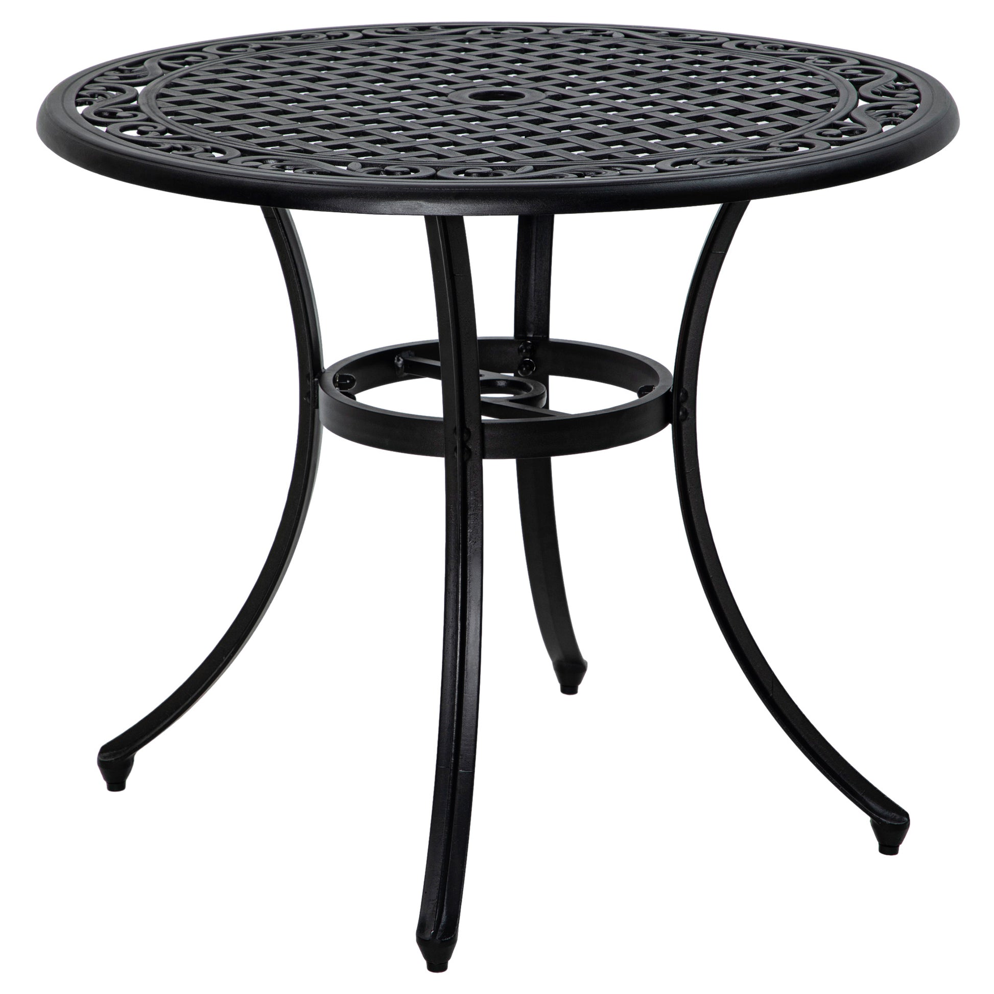 35.5" Round Outdoor Dining Table for 2-4, Cast Aluminum Garden Patio Table with 2" Umbrella Hole, Grid Top, Black