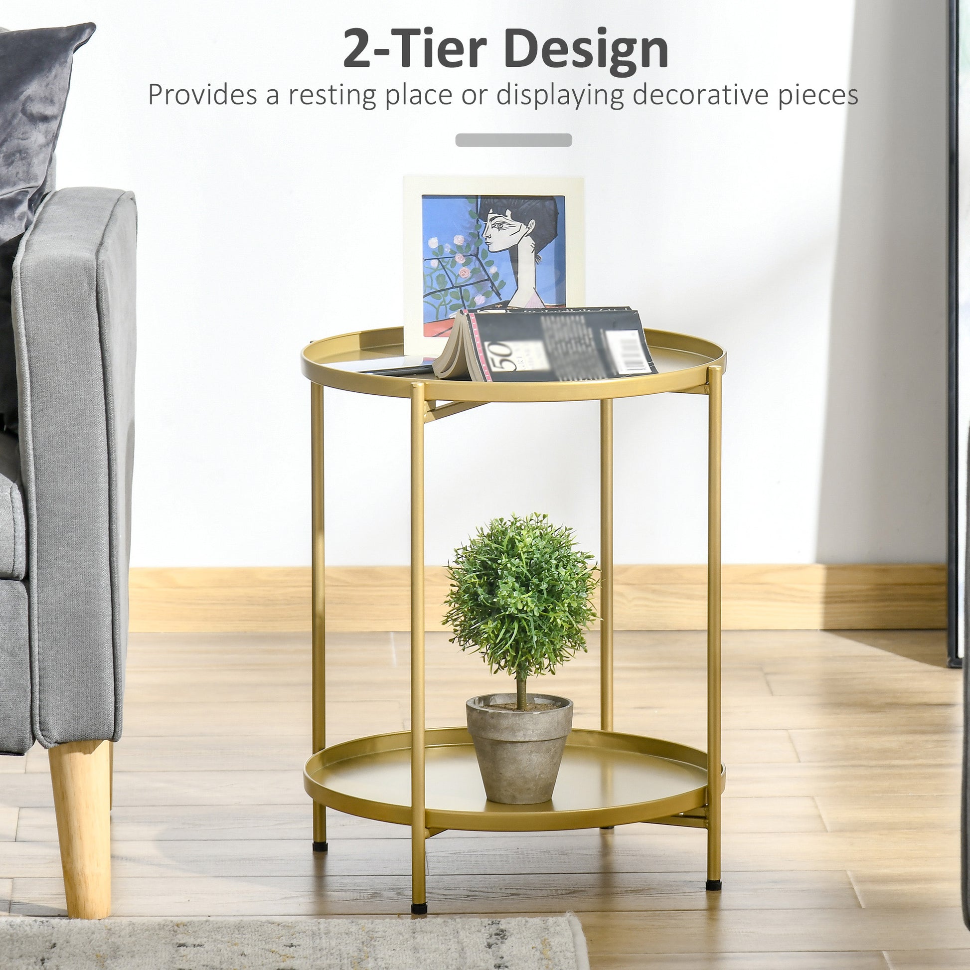2-Tier Gold Side Table, Round Nightstand with Removable Trays Folding Metal Frame Adjustable Foot End Table for Living R