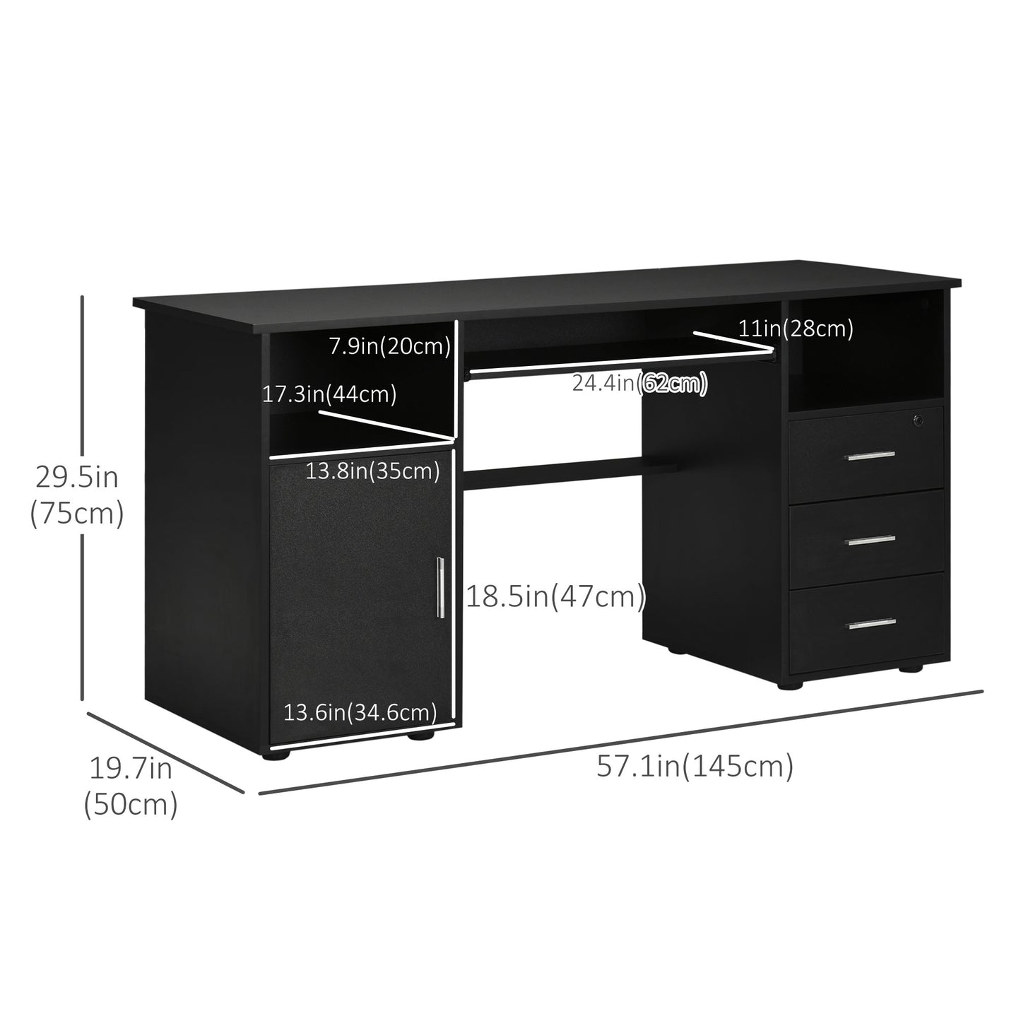 57" Computer Desk with Drawers, Home Office Desk with Keyboard Tray, Open Shelves and Lockable Drawer, Writing Workstati