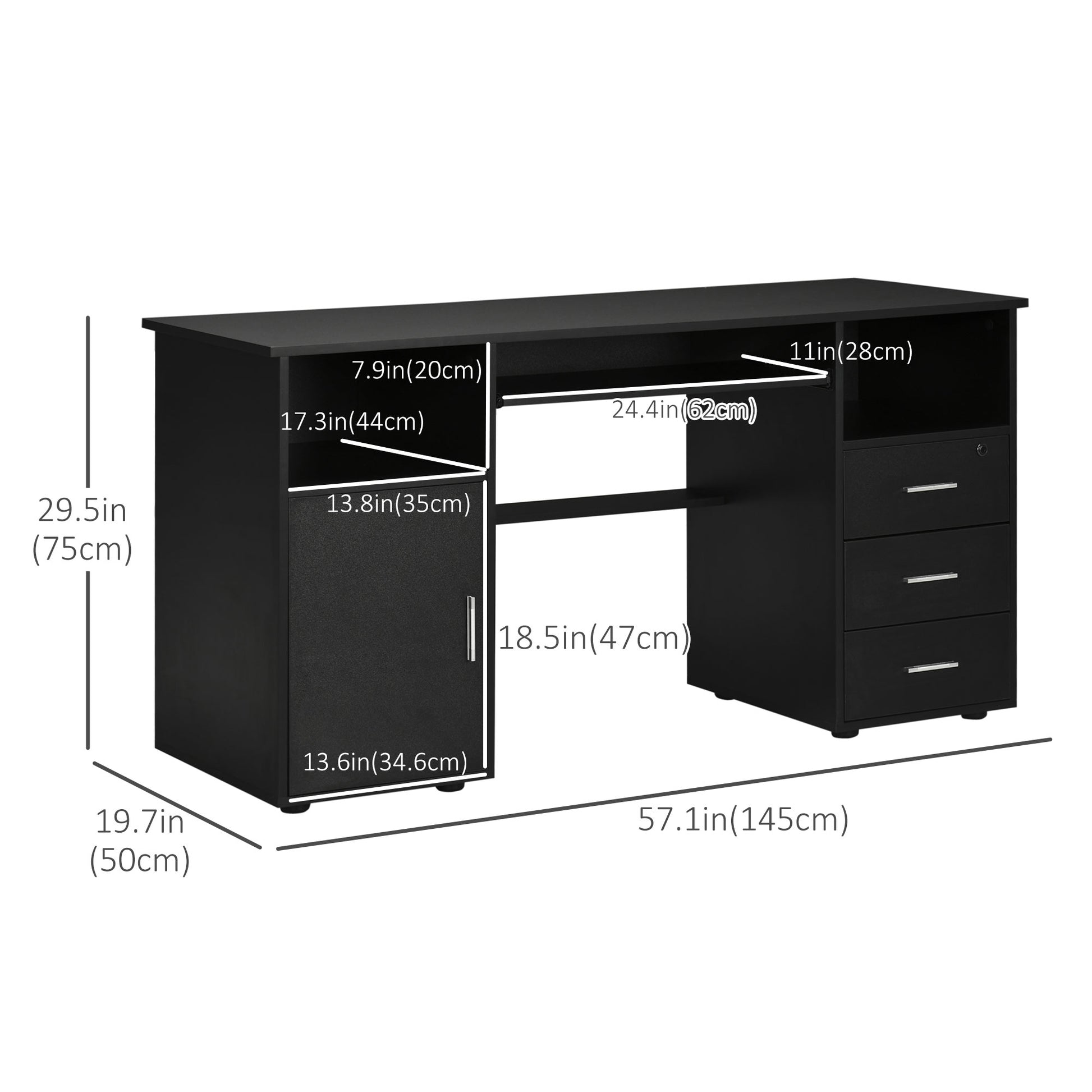 57" Computer Desk with Drawers, Home Office Desk with Keyboard Tray, Open Shelves and Lockable Drawer, Writing Workstati