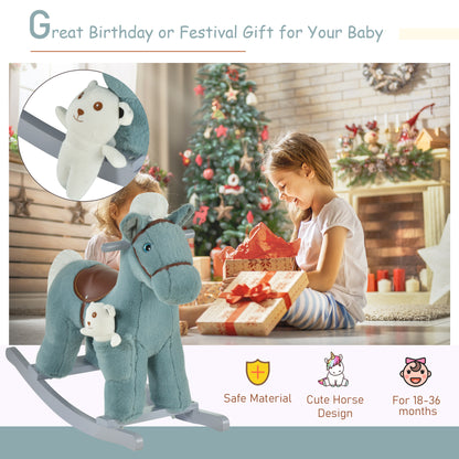 Qaba Kids Rocking Horse Plush Animal on Wooden Rockers with Sounds, Wooden Base and Bear Toy, Baby Rocking Chair, Blue