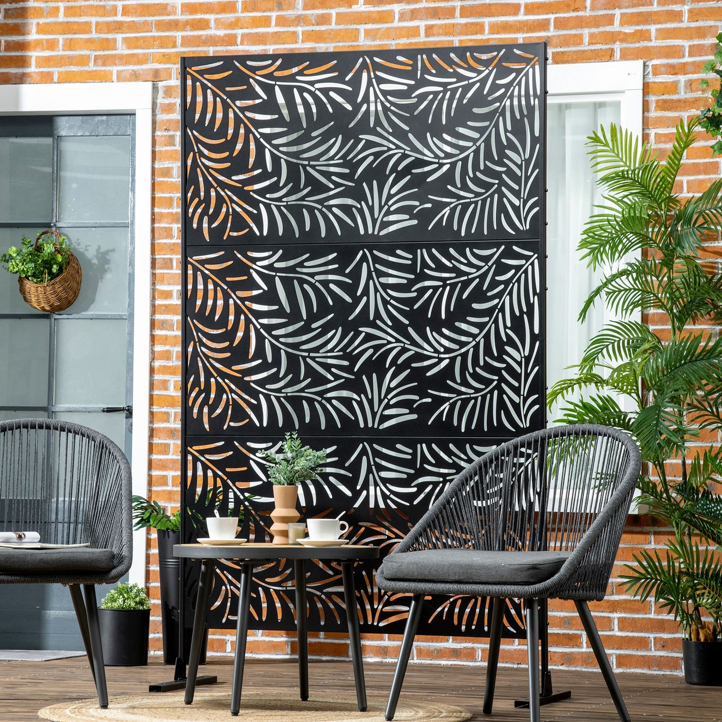 Metal Outdoor Privacy Screen, Decorative Outdoor Divider with Stand and Expansion Screws, Freestanding Privacy Panel for