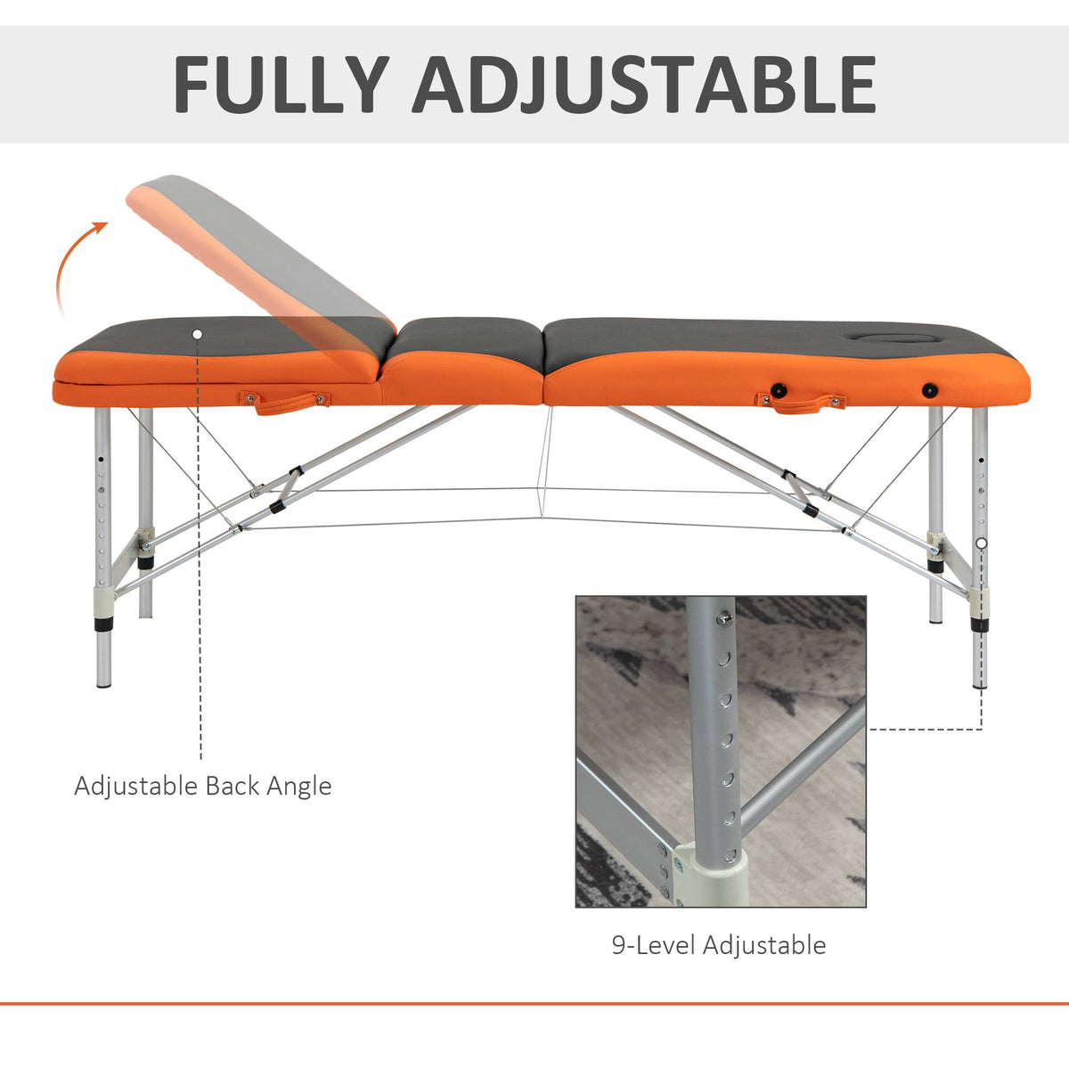 85" 3 Section Foldable Massage Table Professional Salon SPA Facial Couch Bed (Black/Orange)