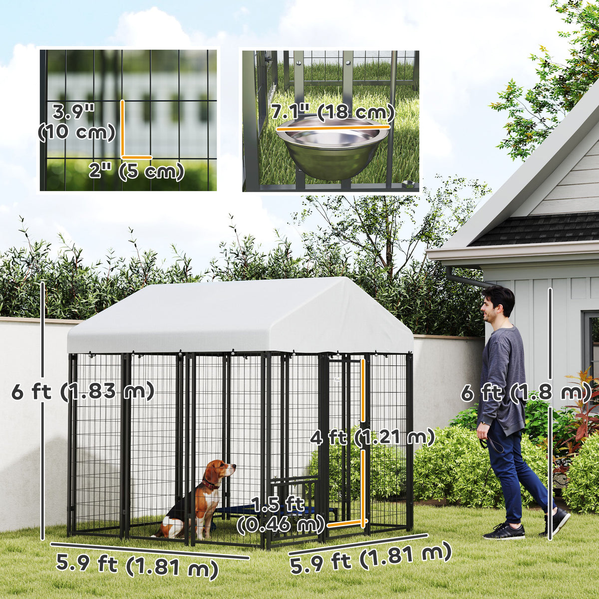 Outdoor Dog Kennel with Waterproof UV-Resistant Cover, Rotating & 4-Level Adjustable Feeding Bowls, 6 x 6 x 6 ft