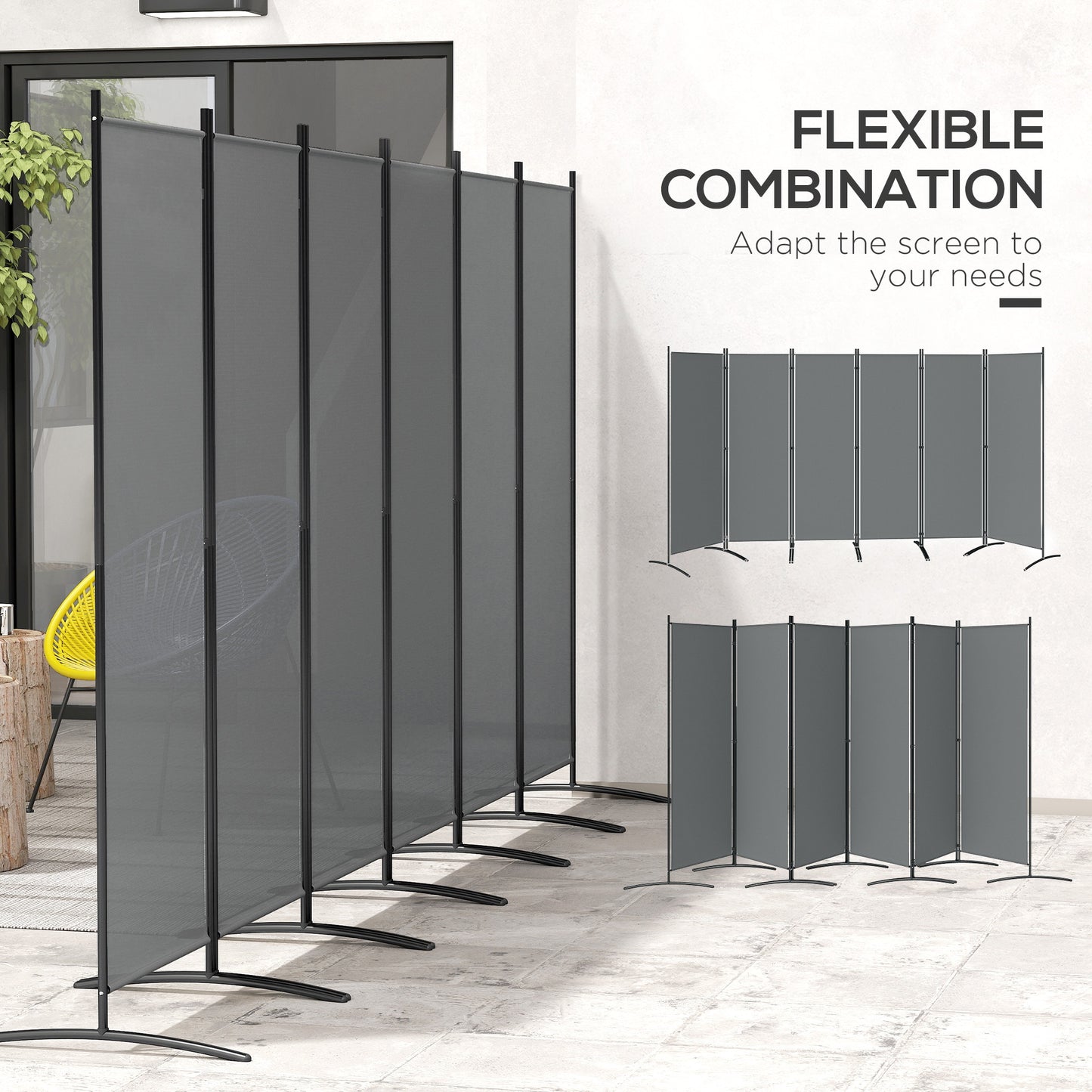 6 Panel Folding Outdoor Privacy Screen with Stable Base, 5.7FT Tall Room Divider with UV30+ Protection, Dark Grey