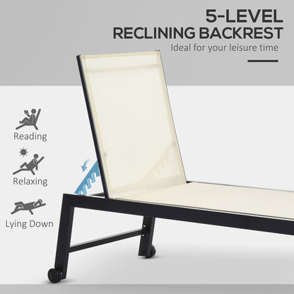 Outdoor Lounge Chair, Patio Lounger with 5-Position Reclining Backrest and 2 Wheels for Poolside, Beach, Lawn, Cream Whi