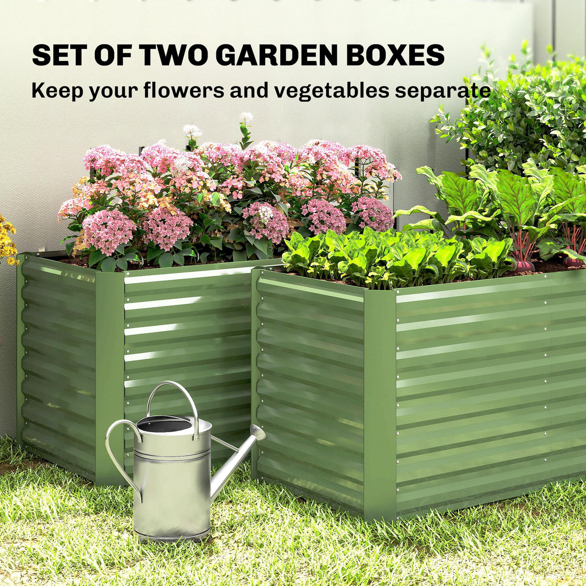 Set of 2 Galvanized Metal Planters for Outdoor Plants, 4' x 2' x 2' Raised Garden Bed, Light Green