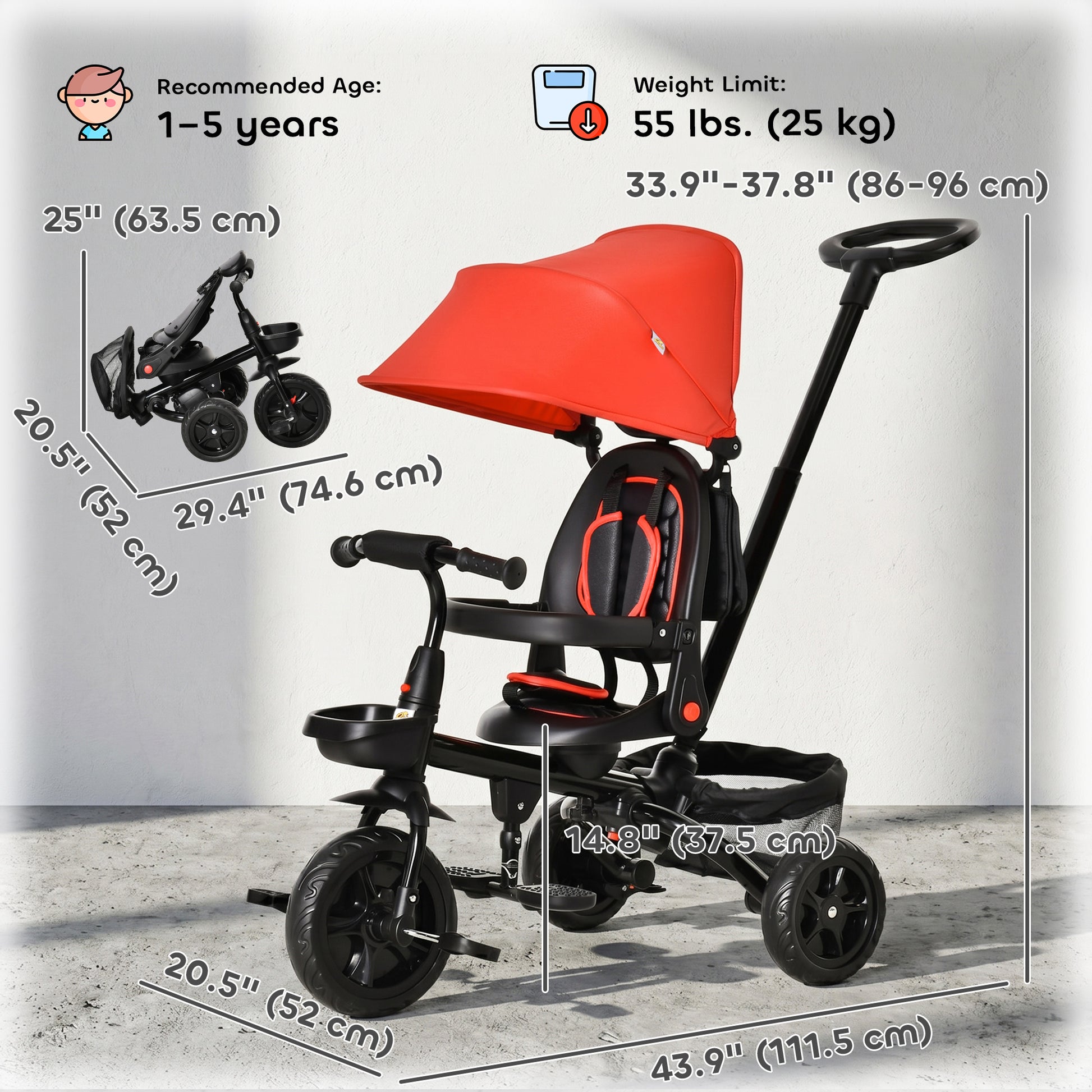 Qaba Tricycle for Toddler 5 in 1 Kids Trike, Foldable Converts Stroller to Toddler Bike, Adjustable Backrest & Curved Ca