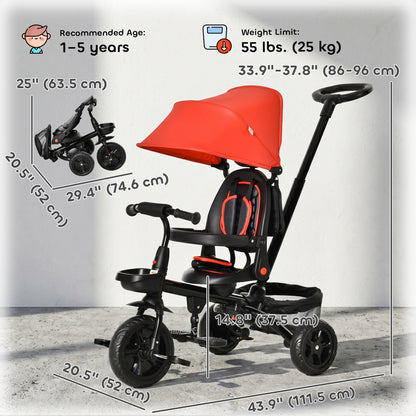 Qaba Tricycle for Toddler 5 in 1 Kids Trike, Foldable Converts Stroller to Toddler Bike, Adjustable Backrest & Curved Ca