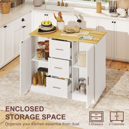 Kitchen Island with Storage Cabinets, 3 Drawers, 2 Adjustable Shelves and Sitting Space for Dining Room, White