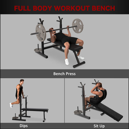 Soozier Adjustable Weight Bench, Foldable Bench Press with Barbell Rack and Dip Station for Home Gym, Strength Training 
