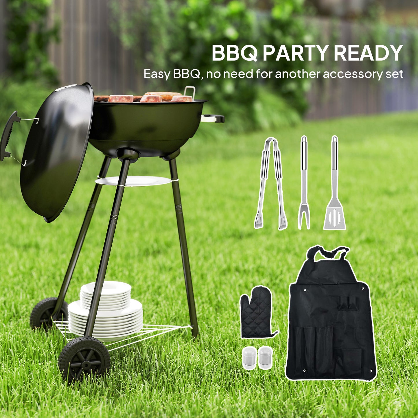 17" Kettle Charcoal BBQ Grill with BBQ Accessories, Barbecue Grill with Shelf, Ash Catcher, Wheels, Handles for Outdoor 