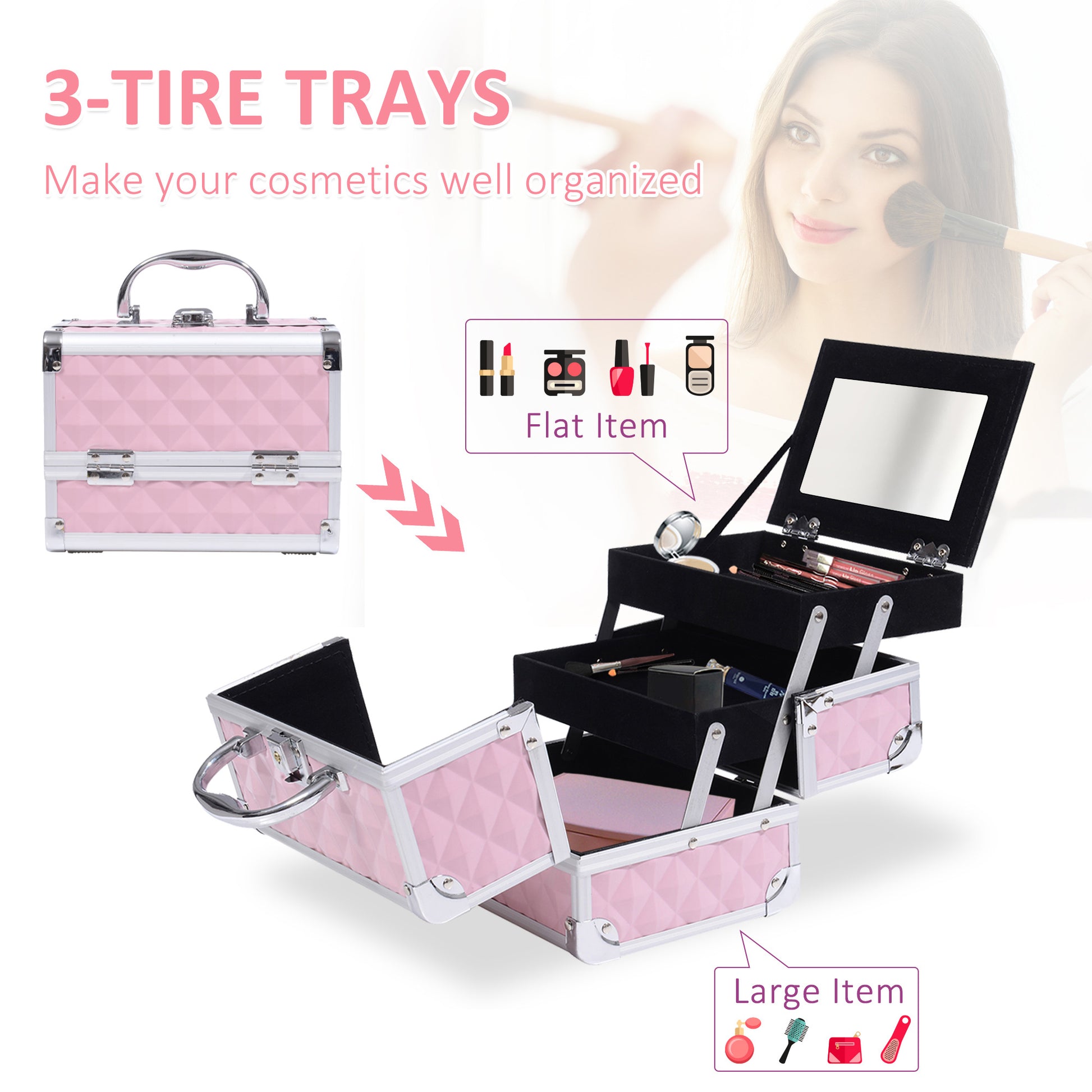 3-Tier Makeup Train Case with Mirror - Pink - Image 5