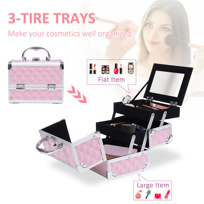 3 Tier Diamond Texture Makeup Train Case Cosmetic Organizer with Mirror, Pink