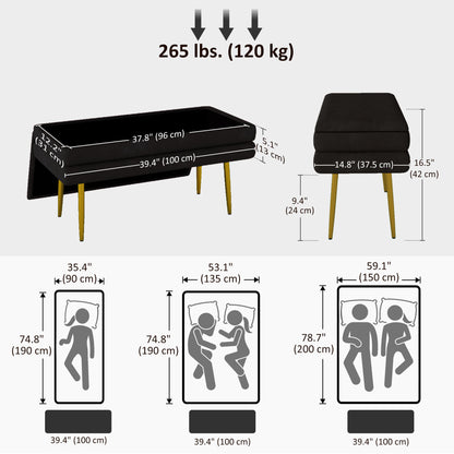 39" Storage Ottoman, Velvet End of Bed Bench with Steel Legs, Foot Stool with Storage for Bedroom, Living Room, Black